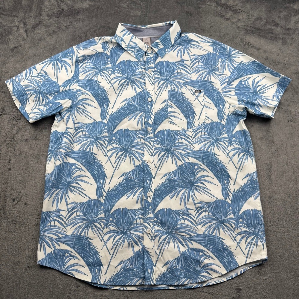 Hurley Mens Large Blue White Tropical Palm Leaf Print Short Sleeve Button Up